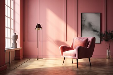 Pink armchair and empty pink wall in the background. AI digital illustration
