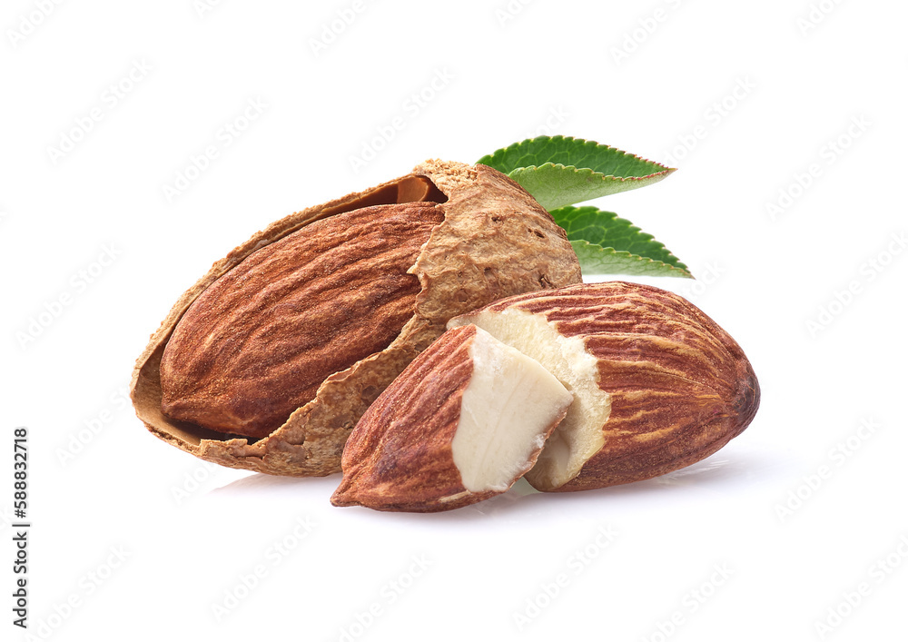 Poster almonds kernel in closeup with leaves