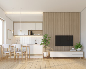 Modern japan style living room decorated with minimalist tv cabinet and kitchen, dining table set and hanging lamp, white wall and wood slat wall. 3d rendering