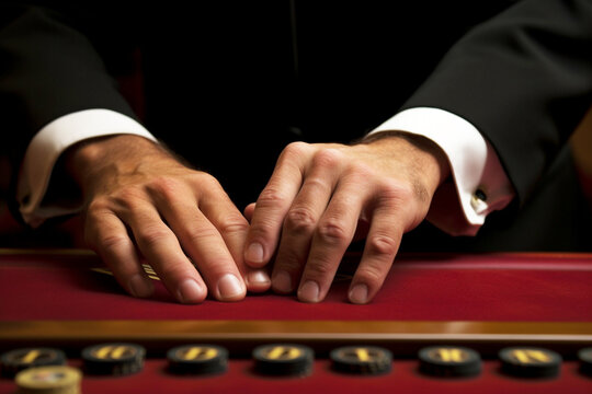 Manos de crupier con fichas de casino entre las manos. Manos de hombre trabajando en un casino. Generative ai.