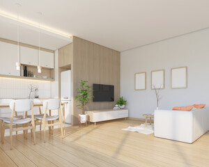 Modern japan style living room decorated with minimalist tv cabinet and sofa set, kitchen and dining table set, white wall and wood slat wall. 3d rendering