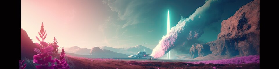 Landscape with rocket taking off on the horizon. Generative AI