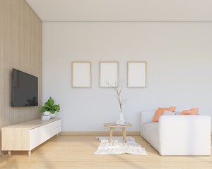 Modern japan style living room decorated with minimalist tv cabinet, sofa and coffee table, white wall and wood slat wall. 3d rendering