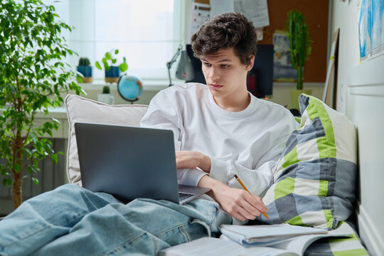 Teenage guy lying at home on couch student using laptop notebook textbook - Powered by Adobe