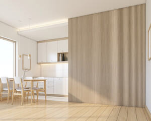 Modern japan style empty room decorated with minimalist kitchen and dining table set, wood slat wall and wood floor. 3d rendering