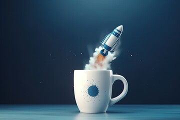 White mug illustration with rocket. Generative AI
