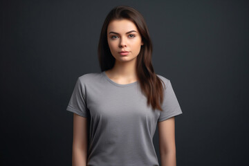 Fototapeta premium Generative AI. Grey T-Shirt Mockup on Female Model