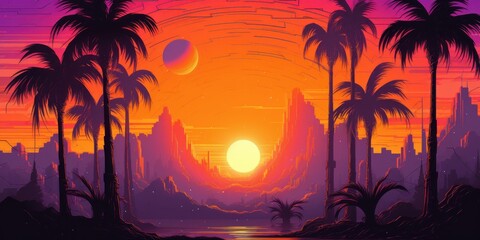 Obraz na płótnie Canvas Sunset with palm trees, vector, illustration, bold colors