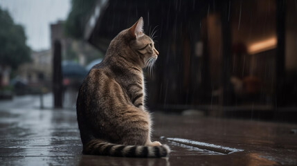 Cat enjoying a rainy day on the street. Generative AI.