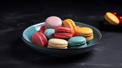 Colorful French macarons on a plate. Generative AI.