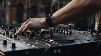 DJ hands creating and regulating music on a DJ console. Generative AI.