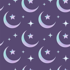 Y2k gradient seamless pattern with moon and stars. Abstract geometric shape in trendy retro style.