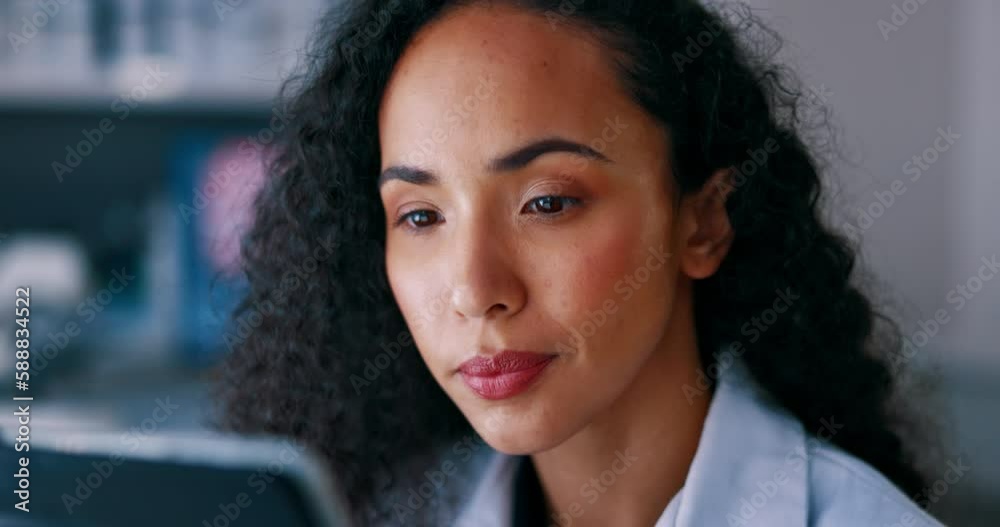 Aufkleber science, research and woman with tablet in laboratory for medical analysis and innovation in lab. ph