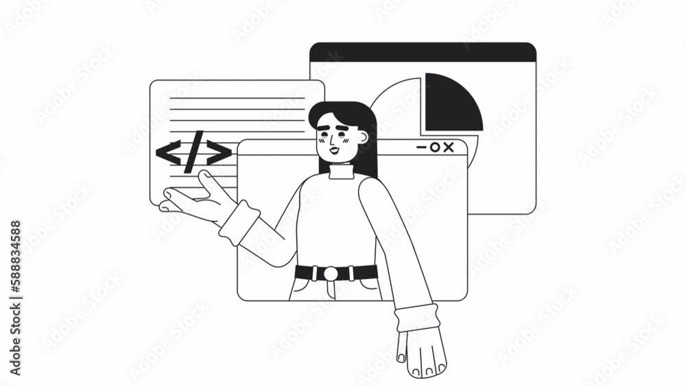 Poster animated mono web development course. online programmer 2d black and white flat character 4k video f