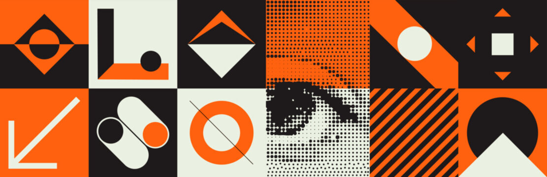 Deconstructed postmodern illustrations feature vector abstract symbols with bold geometric shapes. They are ideal for a variety of uses, such as web backgrounds, poster design and cover art.