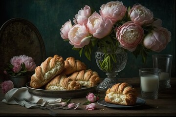 Croissants with spring peonies (Ai generated)