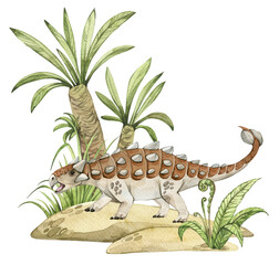 Watercolor dinosaur illustration with prehistoric landscape. Hand drawn Ankylosaurus on the rocks with palm trees. Detailed dino clipart for kids products. Children Encyclopedia of ancient animals - 588834940