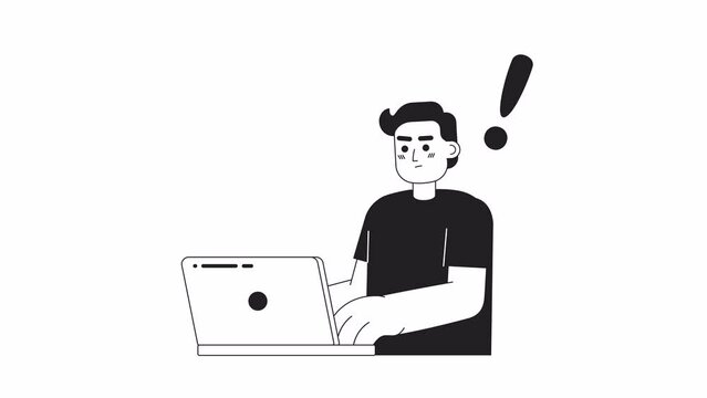 Animated mono male programmer job. Problem solving. Coding. Thin line flat character animation on white with alpha channel transparency. Monochromatic cartoon style 4K video footage for web design