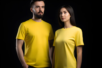 Obraz premium Generative AI. Blank Yellow T-Shirt Mockup on Male and Female Model: Showcase Your Designs in Style