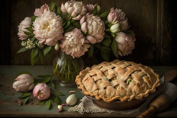 Pie with spring peonies (Ai generated)