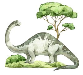 Watercolor dinosaur illustration with prehistoric landscape. Hand drawn Brontosaurus with trees and bushes. Detailed dino clipart for kids products. Children Encyclopedia of ancient animals. PNG file - 588835315