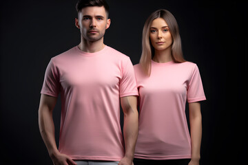 Fototapeta premium Generative AI. Blank Pink T-Shirt Mockup on Male and Female Model: Showcase Your Designs in Style