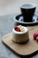 Delicious shortbread cake with gelatin and raspberries served for lunch in a pastry cafe