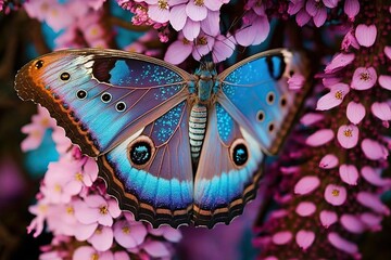 Butterfly Morpho at spring tree, pink-violet color (Ai generated)