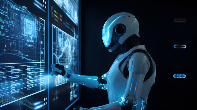 Robot analysing data, generative ai