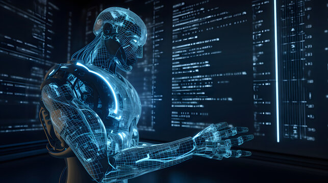 Robot analysing data, generative ai