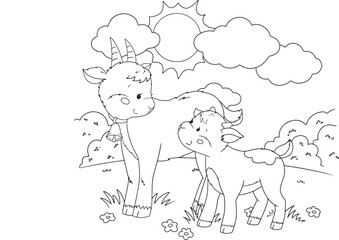 coloring page with goat mama with baby in the nature