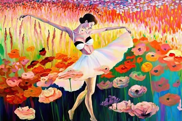 Obraz na płótnie Canvas Ballet woman at flower field, Abstract colorful painting art (Ai generated)