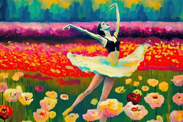 Ballet woman at flower field, Abstract colorful painting art (Ai generated)