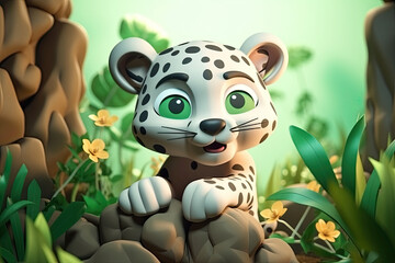 Cute Cartoon leopard Character on the rock, generative AI