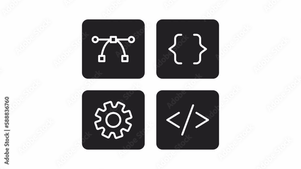 Poster animated mono web develop buttons. website, app build. black and white thin line icons 4k video foot