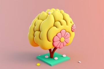 Concept of mental health. Illustration of brain with flowers in 3d style. AI Generated.