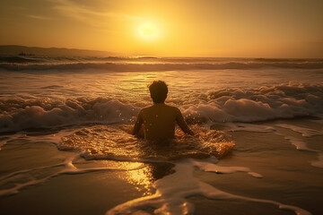 Fototapeta na wymiar homem livre de costas entrando no mar em lindo por do sol 