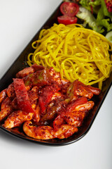 Grilled Chicken with Linguine Chili Sauce and Green Salad 