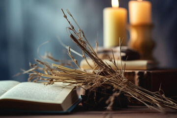 cruz de madeira, livros bíblicos antigos e galhos de salgueiro fecham na mesa, luz de fundo abstrata. Ortodoxo