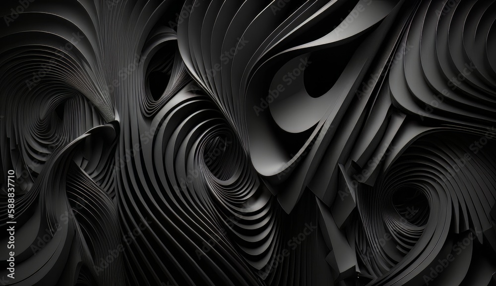 Poster An abstract black background with wavy lines and curves in the center of the image, with a black background with a black background and a white background. Generative ai