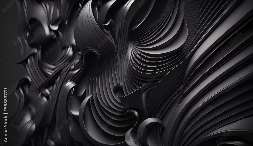 Poster An abstract black background with wavy lines and curves in the center of the image, with a black background with a black background and a white background. Generative ai