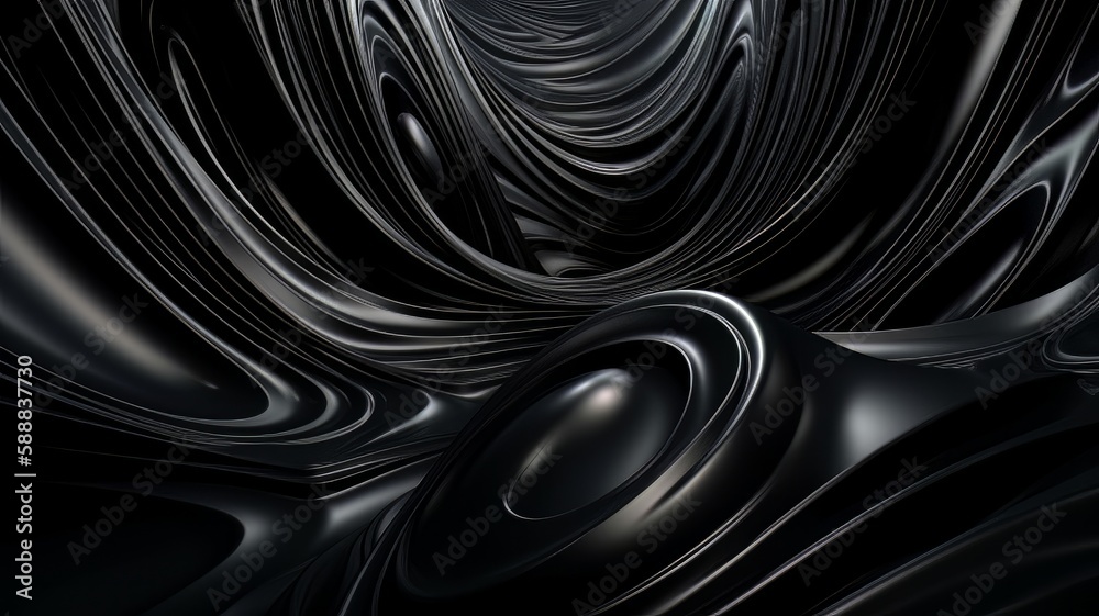 Aufkleber An abstract black background with wavy lines and curves in the center of the image, with a black background with a black background and a white background. Generative ai