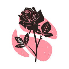 Black Rose flower with Leaves. Modern elegant floral drawing, Square Poster or card. Hand drawn trendy Rose for decoration or design. Vector illustration