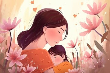 Illustration of mother with her little child, flower in the background. Concept of mothers day, mothers love, relationships between mother and child - Generative AI
