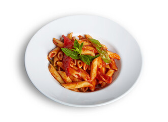 Penne Arrabbiata Pasta With Tomato Sauce on White Plate Isolated White Background