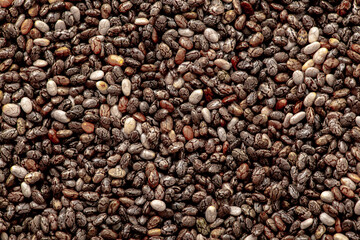 Chia seeds close up. Chia seeds macro. Dry healthy supplement for proper nutrition.
