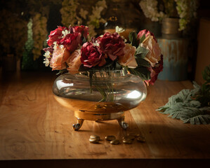 Beautiful gold vases, with artificial flowers, on a wooden table, household items, retro