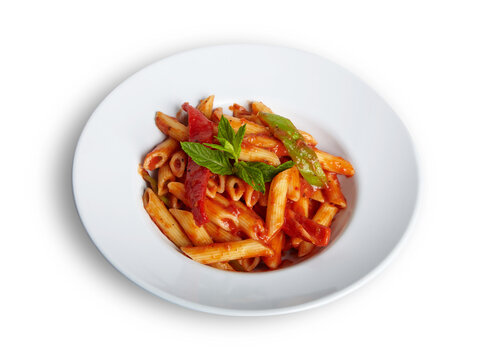 Penne Arrabbiata Pasta With Tomato Sauce on White Plate Isolated White Background