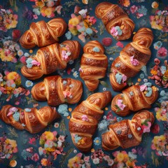 Floral - studded Croissants a bird's - eye perspective. Generative ai