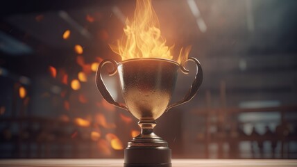 Winner gold trophy with blurred sparks on background. Generative AI